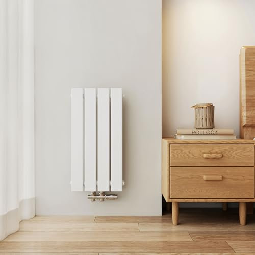 EMKE Radiador Compacto, 600x300 mm, Estrecho y Alto para Baño, Radiador Mural con Panel Plano, Conexión Central, Diseño Elegante, 233 Vatios, Blanco