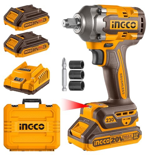 Ingco 2IN1 Clé à Chocs 230NM, Visseuse à Chocs, Moteur Sans Balais, Varibale à 3 Vitesses 2600 tr/min avec 2 Batteries 2,0 Ah et 1 Chargeur CIWLI20236