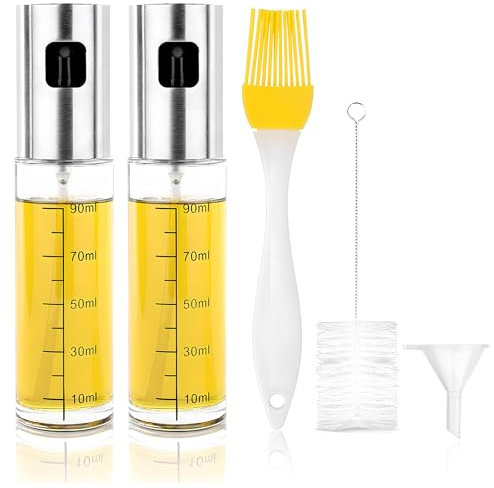 Reh:ncla 2 Stück Ölsprüher, 100ml Sprühflasche mit Skala, Ölsprüher zum Kochen, Olivenöl Ölspray für Speiseöl Öl- und Essigsprüher, Ölspray für Heißluftfritteuse, Edelstahl und Glas Öl Sprühflasche