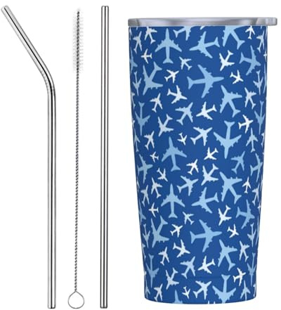 VOSERY Botella de agua de 20 onzas con tapa y popote, diseño de aviones en el cielo, vaso aislado de acero inoxidable, taza de café de viaje, vaso personalizado