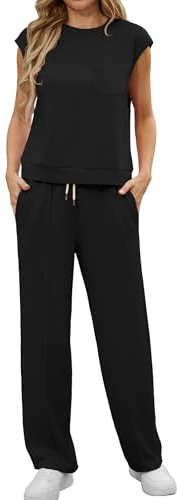 GRECERELLE Two Piece Outfits Women Summer Short Sleeve Tracksuit Womens Full Set Lounge Wear Sets for Women Casual Crew Neck Cap Sleeve Tops and Jogging Bottoms with Pockets