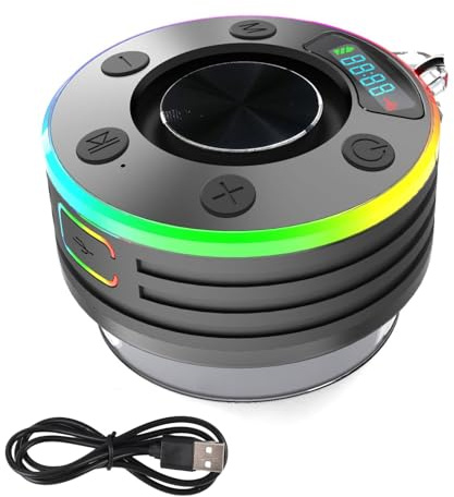 Sxhlseller Duschlautsprecher Bluetooth 5.3, Stereo -Bass IPX7 Regensicherer Tragbarer Badezimmerlautsprecher, Farbenfrohe RGB Light Duschlautsprecher mit Leistungsstarker Saugnapfbecher und