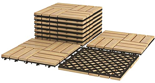 HOMFME 10 PCS Acacia Wooden Decking Tiles, 30 x 30 cm Interlocking Flooring Tiles with Click System, Drainage Function, Indoor Outdoor Hardwood Decking Boards for Garden Balcony Patio Pavement