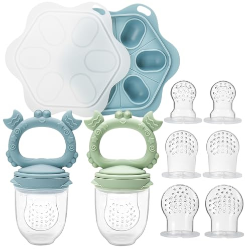 CLDY Baby Fruit Food Feeder & Mini Freezer Tray Combo, 3 Month+, Breastmilk Popsicle Freezer Molds for Baby Cooling Relief, BPA Free Silicone Feeder Fruit Pacifier for Toddler Teething Self Feeding
