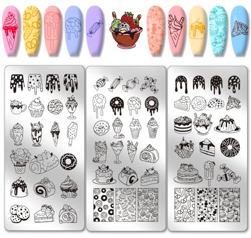 PH PandaHall 3pcs Postre Nail Stamping Plates 63 Patterns Pastel Donut Uñas Arte Plantillas Dulces Caramelos Manicura Arte Plantillas de Impresión de Helados Plantillas de Uñas para Manicura Salón DIY