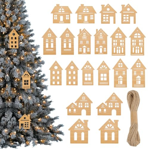 PH PandaHall 20pcs 10 Styles House Shape Wooden Tag, Wood House for Crafts Decoration Tree Hanging Ornaments Cutout Hangings with Ropes for Home Wedding Party Decorations 4~6.7 Inch