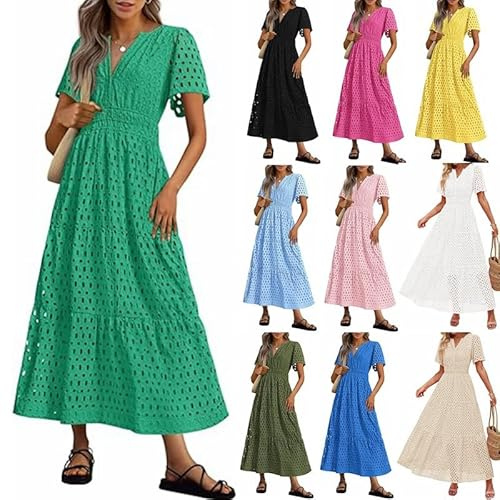 Summer Maxi Dresses for Women UK Wedding Guest Dress Short Sleeve Casual Boho V Neck Hollow Out Eyelet Ruffle Swing A Line Cotton Long Flowy Beach Vacation Evening Dresses Green