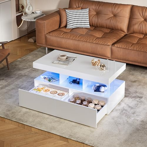 Table Basse Blanc Laqué avec Éclairage LED, Table Basse Rectangulaire avec 2 Tiroirs et Ouvert Compartiments Rangement, Tables de Salon Moderne pour Salon, Bureau, Chambre à Coucher, 104x53x46cm