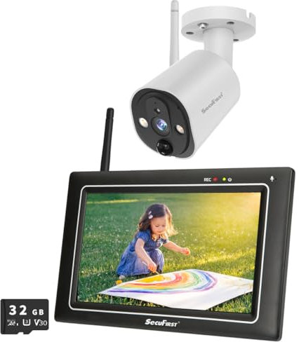 SecuFirst Kit telecamera di sorveglianza per esterni, con monitor interno, touchscreen da 7, con 2 TB di memoria espandibile, per lavorare senza Wi-Fi, baby monitor, telecamera 2K, per esterni, 32 GB