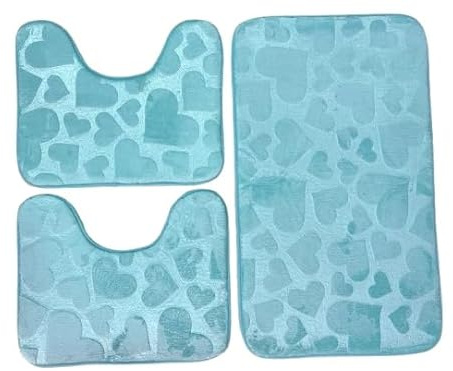 Corredocasa Set 3 Pezzi Tappetini da Bagno Antiscivolo in Memory Foam Morbidi e Assorbenti con Disegno Cuori – Tappeto Grande 2 Contorno WC – Vari Colori Eleganti per Arredo Bagno (Tiffany)