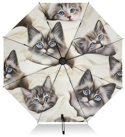 Cute Kittens Cream Compact Travel Umbrella Windproof Black Umbrellas for Sun Protection Automatic Inverted 3 in 1 Umbrella for Rain & Sun