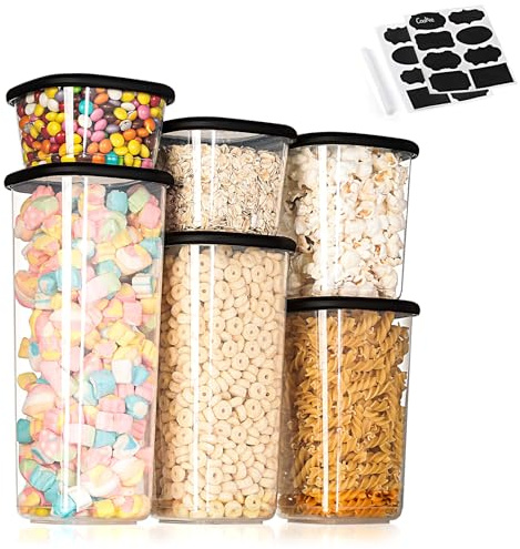 Romon Contenitori ermetici per alimenti Set di 6, in Plastica PP Alimentare con Coperchio, Trasparenti Impilabili, per Etichette per Pasta, Riso, Cereali e Spezie
