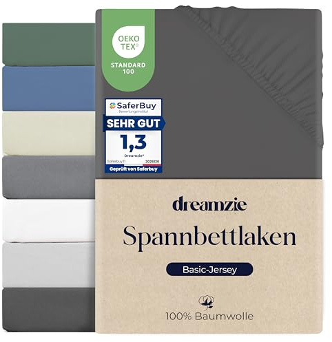 Dreamzie Spannbettlaken 140x200cm, 100% Baumwolle Jersey dehnbar, Spannbetttuch Bettlaken, Steghöhe 25 cm für Matratzen bis 22 cm, Oeko-Tex Zertifiziert, Hypoallergen, Dunkelgrau