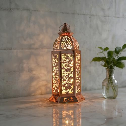 Laterne im marokkanischen Stil, hohle Eisenlaterne, Vintage-Ramadan-Lampe, Heimdekoration, Lichter, Ornamente, hängende Metall-Kerzenhalter, batteriebetrieben für Tisch-Innendekoration (Roségold) (M
