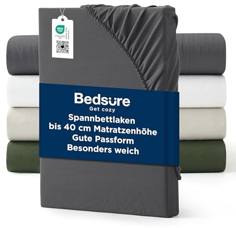 Bedsure Spannbettlaken 90x200cm Oeko-TEX - bis 40cm Tiefe, Anthrazit-grau | Spannbetttücher Mikrofaser Waschoptik, Baumwoll-Haptik, Bettlaken für Hohe Matratzen & Boxspringbett, Weich & Hautsympathisch