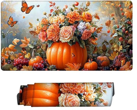 Gaming Mauspad 900 x 400 mm XXL Gaming Mousepad Verlängertes Großes Mauspad Schreibtischauflage, Genähte Kanten Mousepad, Rutschfeste Gummibasis, Schutz für Home Office, Geschenke (Blumen Kürbis) Z439