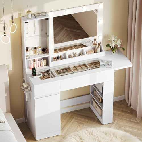 Dripex Schminktisch mit Hollywood Spiegel, 10 LED-Lichtkugeln, Glasplatte | Ausklappbare Zusatzablage mit 22 Cm Mehr Platz, 3 Lichtfarben und Viel Stauraum für Make-up, 2 Steckdosen + 2 USB-Anschlüsse