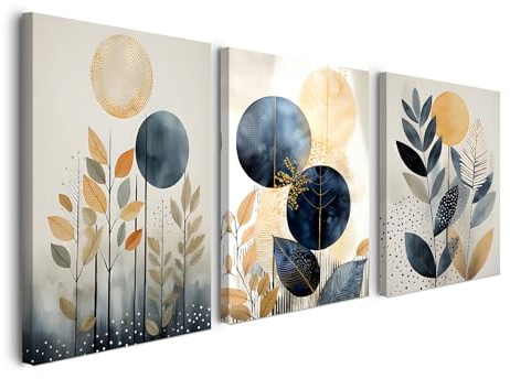 Juego de 3 cuadros con marco de 30 x 40 cm, diseño de flores botánicas, color azul y dorado, para salón, dormitorio, oficina, decoración escandinava con marco, incluye ganchos, clavos y velcro mágico