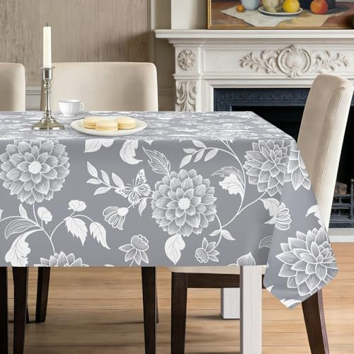 hometrixx Tischdecke Abwaschbar Blumen Chrysantheme Tischdecken Grau Rechteckig Polyester Tischtuch Ölbeständig für Party Picknick Abendessen Küche Essen Outdoor Esszimmer Tisch Dekor,140x180cm