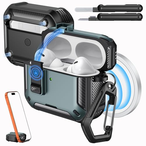 MoKo per Custodia AirPods Pro 2 con Chiusura, Compatibile con MagSafe, Supporto per Telefono&Pop-up Automatico per Custodia AirPod Pro 2a/1a Gen, Copertura Protettiva con Kit Pulizia, Verde mela+Nero