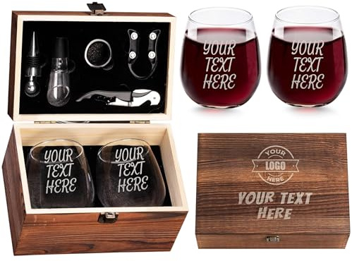 Juego de regalo de vino personalizable de alta gama, 2 copas sin tallo resistentes a roturas, prácticos accesorios de vino y caja de madera resistente, personalizado con texto/logotipo personalizado