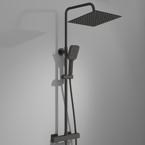 Simple Bathroom Thermostatic Shower System, 12 Square Rainfall Shower Head 304 Stainless Steel, 3-Mode Handheld, Anti-Scald Valve, Leak-Proof Hose, Easy DIY Install, Matte Black