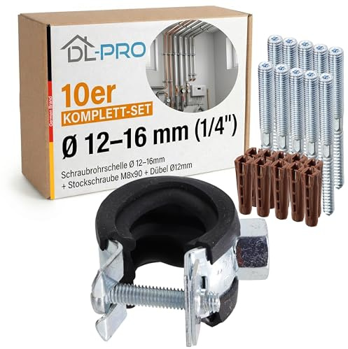 DL-PRO Fascetta stringitubo a vite 1/4, Ø 12-16 mm, protezione acustica EPDM, con vite prigioniera M8, tasselli, supporto per tubi sanitari, set da 10 pezzi