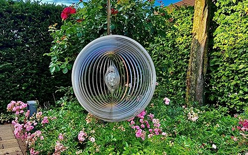 Illumino Edelstahl-Windspiel Kreis Maxi XXL mit Crash kobaltblauer 70mm Glaskugel