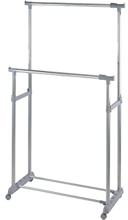 WENKO Kleiderständer Twin Bars, Garderobenständer zur Kleideraufbewahrung mit Rollen, verstellbaren Kleiderstangen und Ablage, Kunststoff/Metall, 88 x 100-168 x 11 - 49 cm, Chrom/Grau