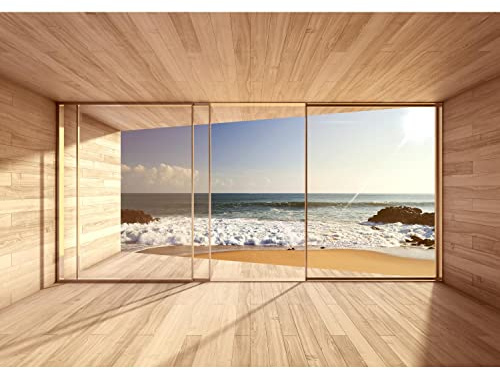 Runa Art Papel tapiz fotográfico Ventana al Mar 352 x 250 cm Lana Fondo De Pantalla XXL Moderna Decoración De Pared Sala Cuarto Oficina Salón azul Marrón 9051011a