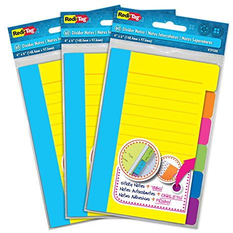 Redi-Tag Divider Sticky Notes, Tabbed Self-Stick Lined Notepads, 180 Ruled Notes, 4 x 6, 3 Books Per Pack, Assorted Colors (B10245)