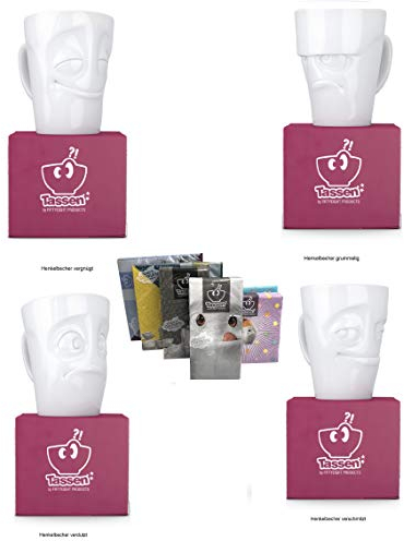 FIFTYEIGHT PRODUCTS Henkelbecher 4er Set + Servietten, GRUMMELIG+VERSCHMITZT+VERGNÜGT+VERDUTZT