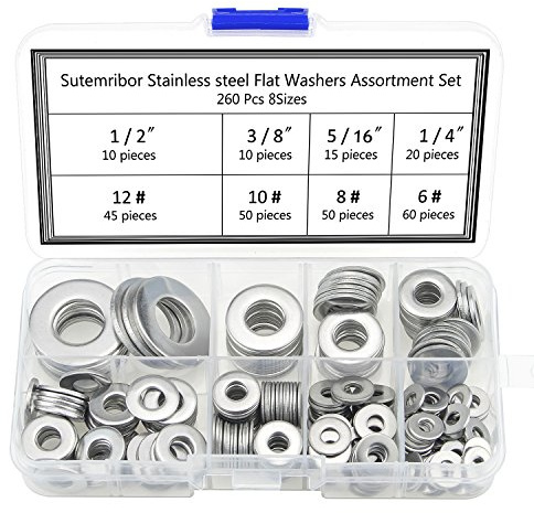 sutemribor 260pcs 8 tamaños acero inoxidable arandelas planas, 1/2 3/8 5/16 1/4 12# 10# 8# 6# Hardware Junta Surtido Kit
