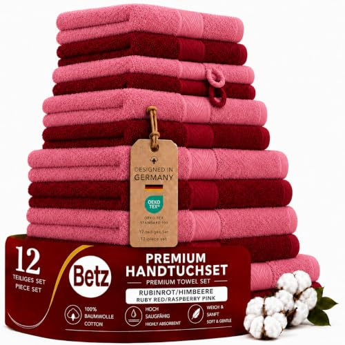 Betz Premium Handtuch-Set 12-teilig – 100% Baumwolle – Oeko-TEX® Zertifiziert – hohe Grammatur – Duschtücher, Handtücher, Gästetücher & Waschhandschuhe Farbe rubinrot/Himbeere