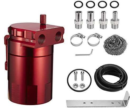 Oil Catch Can Baffled 300ml, Universal Aluminum Air Oil Separator Tank with 3/8 ID 5FT NBR Hose Kit- Red