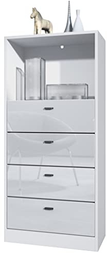 Vladon Kommode Pino V3, Made in Germany, Anrichte mit 4 Schubladen & 1 offenem Fach, Weiß matt/Weiß Hochglanz ohne LED (56 x 125 x 36 cm)