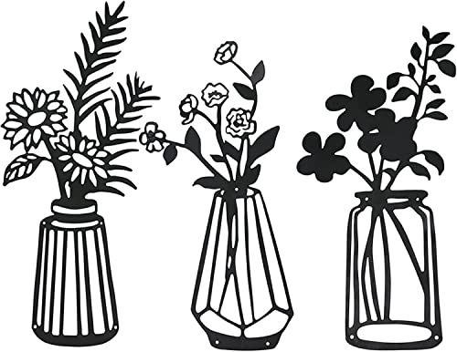 Larber 3 Stück Blumen Wanddekoration - Schwarze Metall Blumen Wandskulptur für Terrasse, Balkon, Wohnzimmer, Badezimmer, Schlafzimmer, Esszimmer, Küche