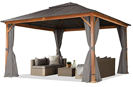 TOOLPORT Garden gazebo 4x4 m wood finish, steel roof hardtop 4 side panels in grey