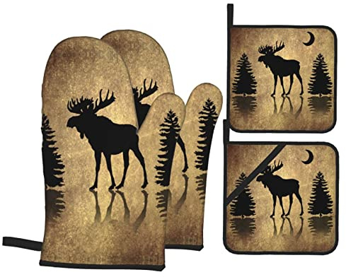 Lot de 4 maniques et maniques rustiques avec motif d'élan et de cerf, forêt, pin, lune, motif animaux vintage, résistants à la chaleur, gants de cuisine antidérapants pour cuisine