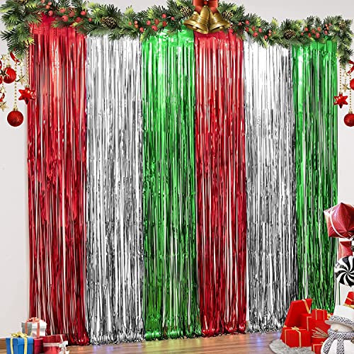 3pcs 2x1m Christmas Tinsel Foil Curtain Shimmer Silver Green Red Fringe Streamers Backdrop Props for Wedding Birthday Xmas Party Door Decoration