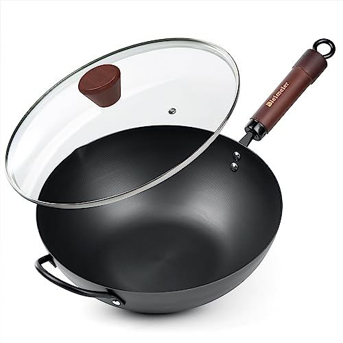 Bielmeier Sartén Wok, woks y sartenes con tapa de vidrio, trajes de wok de acero al carbono para todas las estufas (Wok de fondo plano)