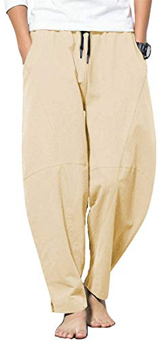 perdontoo Herr dragsko sommar strand lösa byxor linnebyxor casual med elastiskt midjeband, Khaki, XL