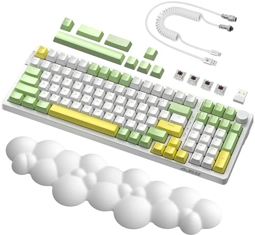 A.JAZZ AK992 Gasket Mechanische Hotswap-Gaming-Tastatur&Cloud-Handballenauflage&USB-C-Spiralkabel,LIGHTSYNC RGB,4000 mAh 2,4 GHz/BT5.0/USB-C,Lautstärkeregler,PBT-Tastenkappe (brauner Schalter)–Grün