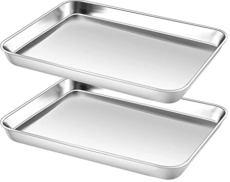 JAOMON Lot de 2 Plaque de Cuisson Rectangulaire en Acier Inoxydable Plaques à Pâtisserie et Gâteau Professionnel four Pizza Antiadhésive 23x17cm