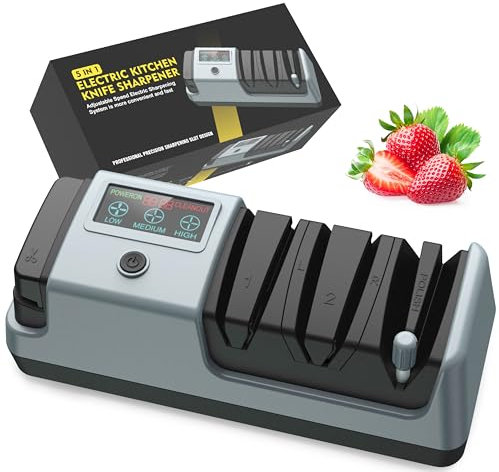 YOORLEAY Afilador de cuchillos eléctrico 5 en 1, 3 velocidades de rotación, afilador eléctrico ajustable, adecuado para cuchillos de hoja recta, cuchillos dentados, cuchillos de picar y tijeras