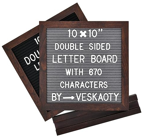 Double Sided Felt Letter Board with 670 Letters, Numbers & Symbols - 10 x 10 inch Changeable Message Board with Wooden Base (Black & Gray)