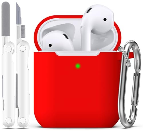 R-fun Kompatibel mit AirPods 2. Generation 2019 Case, 1. Gen 2016 Hülle Case Cover mit Reinigungsset und Schlüsselanhänger, weicher Silikonschutz für Apple AirPods Hülle, Rot