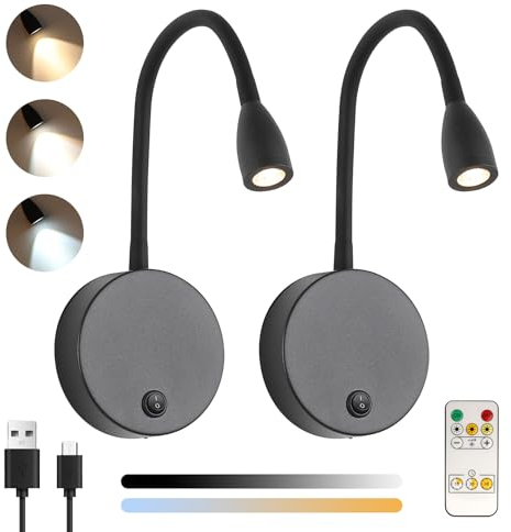 Klighten 2 Piezas Lampara Lectura Pared sin Cable Regulable con Mando a distancia, Batería 2W LED Lámpara de Cama Flexible, Apliques de Noche de Lectura Recargable USB, 3000/4500/6000K, Negro