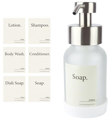 Design Amburgo Dispenser sapone bagno | Dispenser sapone cucina | Porta sapone bagno | Accessori cucina | Vetro e acciaio inossidabile | Con base in gomma | Grigio Frost 250 ml