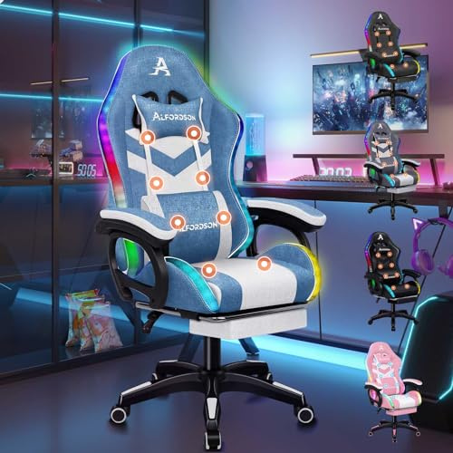 ALFORDSON Gamer-Stuhl Gamer Stühle RGB LED Racing PC-Gaming-Sessel Massage Bürostuhl ergonomisch Schreibtischstuhl Fußstützen, 90-150°Neigungswinkel,180 kg belastbar, Stoff, Hellblau